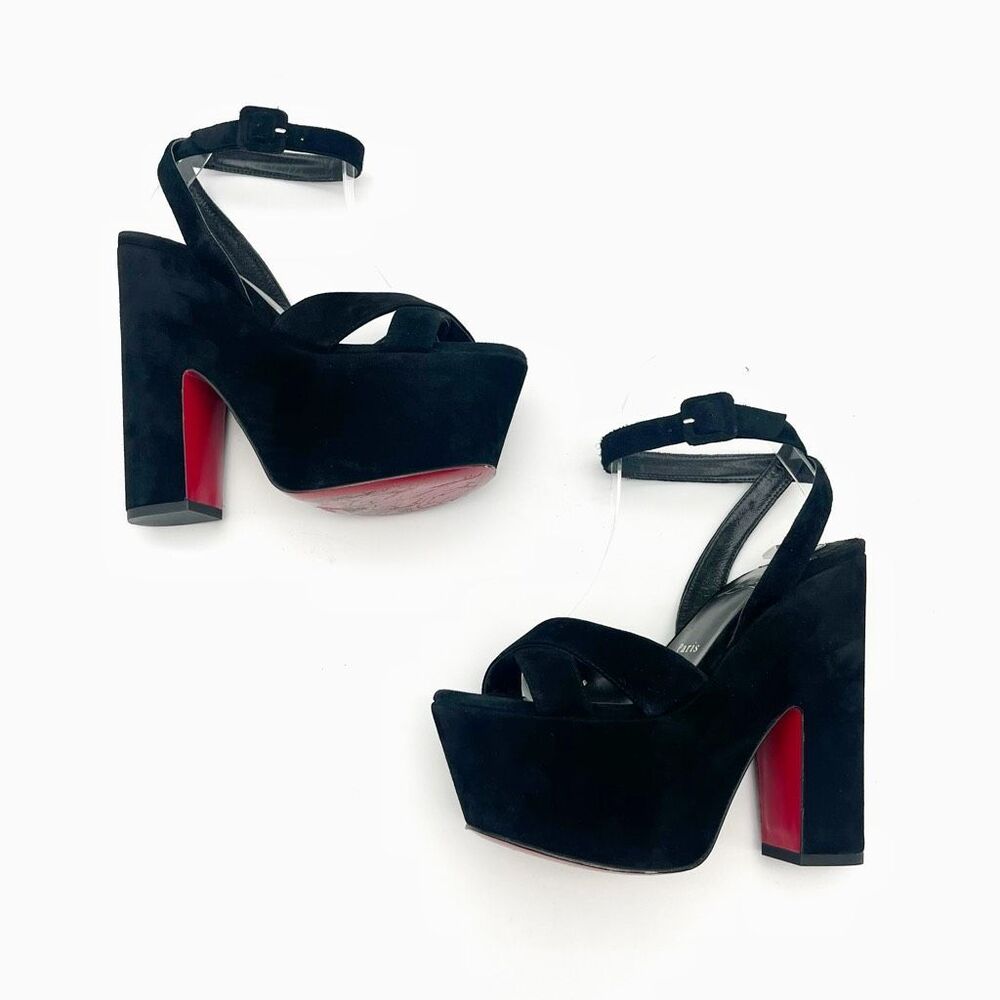 CHRISTIAN LOUBOUTIN Superyaz Platform Heels Size 37.5 Black Suede Ankle Strap - Picture 4 of 12